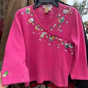 Vintage Fairycore Pink Cottagecore Vacation Drinks Cocktail Beaded Sweater Large